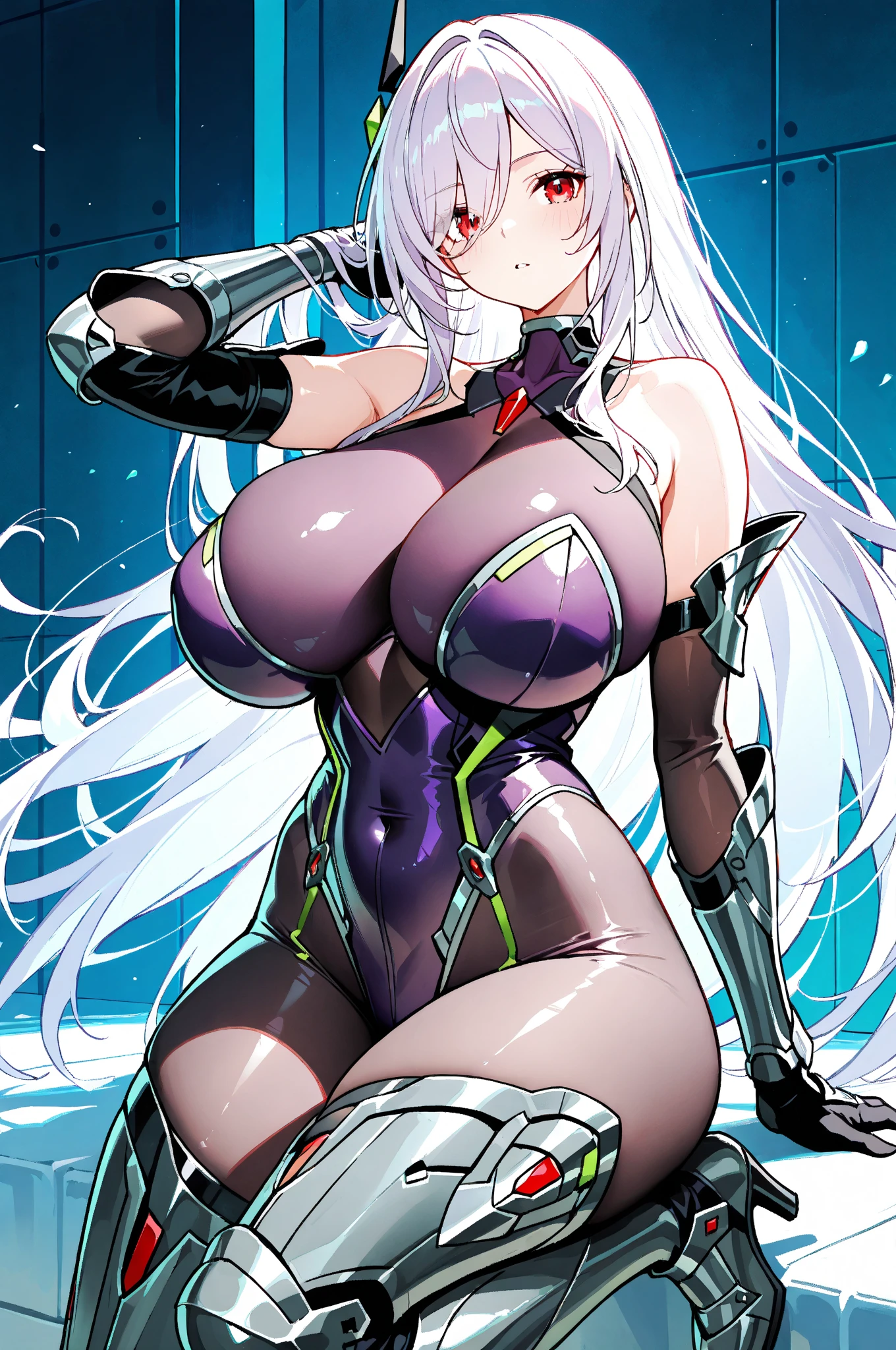 1girl, dark skn, dark-skinned female, green trim, yellow eyes, pantyhose, white leotard, keotard, thighhighs, black pantyhose, large breasts, toned, thick thighs, wide hips, smile, white hair, long hair, smirk, smug, tech, machinery, futuristic, science+fiction, neon, neon trim, neon lights, cleavage