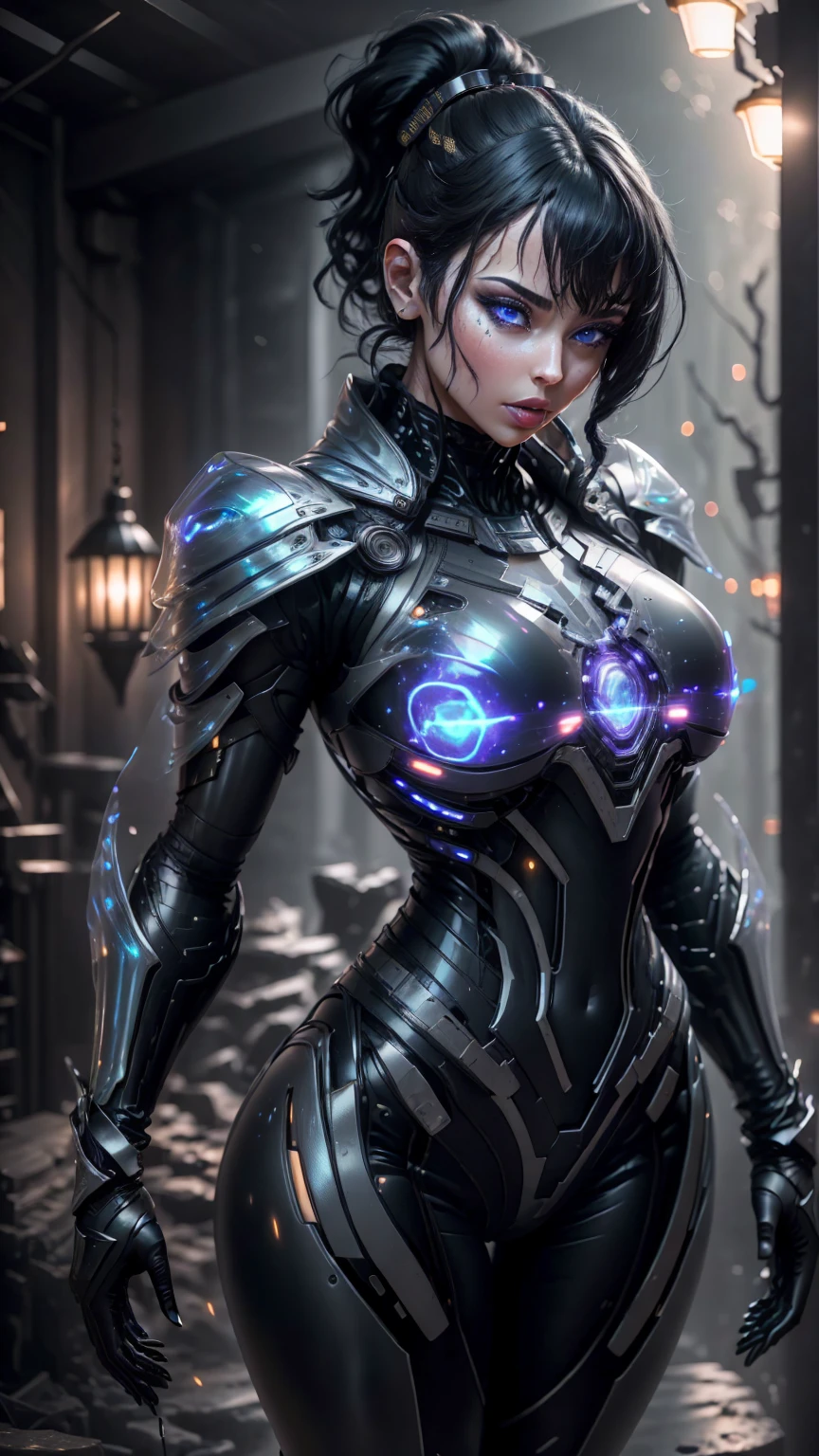 ((ultra realistic,32k,raw photo:1.1)),(highly detailed skin:1.1),8k hd,DSLR,high quality,lips,(thick\lips\),(shiny shiny translucent clothing:1.1),rven , BLACK HAIR, Blue eyes, Bangs, ponytail, jumpsuit, tight skin, gloves, latex,, huge chest, mech full body, (looking at viewer,),, (busty:1.1), (chubby:0.1), (Volumetric lighting: 1.1), dark theme, An alien environment with atmosphere and very sexual INFO