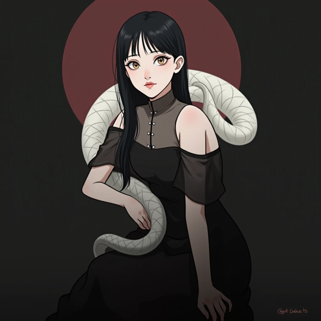 (best quality,highres),dark-skinned,black-snake tail,long black hair,shoulder-length hair,narrow pupils,red eyes,lamia, boys