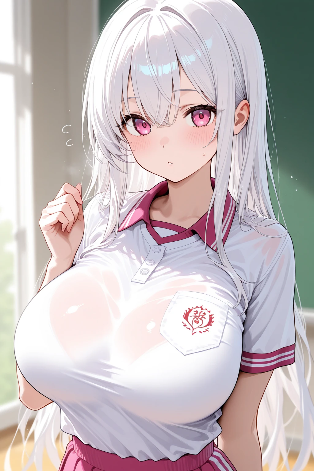 mastute piece,Best Quality,insanely detailed,8k cg,nsfw,
(shoot upper body:1.3),
(1girls:1.3),standing,looking at viewr,body in front,both arms behind back,(school-gymwear:1.3,buruma:1.3),(bare breasts:1.1),(bare nipples:1.1),
break,
blush,shy,(??????? face),(trembling:1.2),break,(light white hair:1.2),
break,
perfect breasts,perfect teats,(open mouth:0.9),(large breasts:1.2),
(outdoor sports field)、