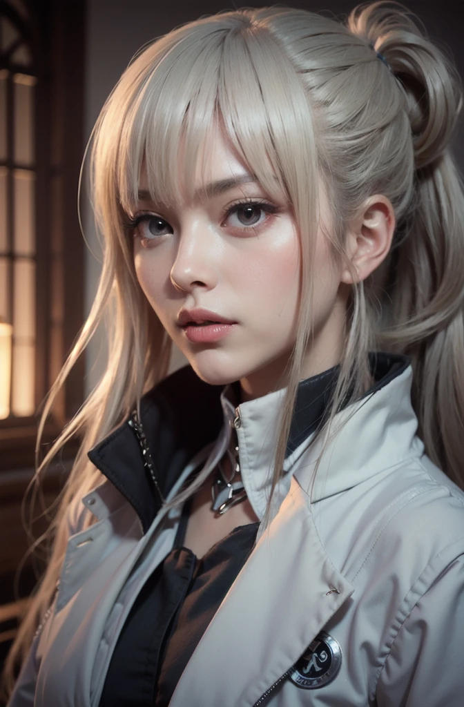 a girl with light white pi k hair, beautiful detailed eyes, beautiful detailed lips, extremely detailed eyes and face, long eyelashes, wearing jujutsu kaisen clothes, (best quality,4k,8k,highres,masterpiece:1.2),ultra-detailed,(realistic,photorealistic,photo-realistic:1.37),studio lighting,ultra-fine painting,sharp focus,physically-based rendering,extreme detail description,professional,vivid colors,bokeh,digital art