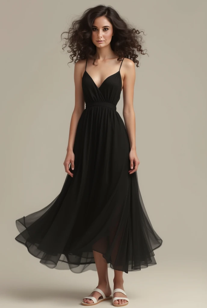 Brown skinned girl with glasses wearing long black dress with heels 