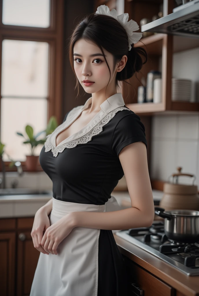 (hyperrealistic), (illustration), (high resolution), (8K), (extremely detailed), (best illustration), (beautiful detailed eyes), (best quality), (super detailed), (masterpiece), (wallpaper), (detailed face), solo, (dynamic pose), 1 girl, white wavy hair in the kitchen, korean, heterochromic eyes, small moles under the eyes, ((apron)), big breasts, long legs, tightens abs, (camel toes), (black stockings), (no panties), (no bra)