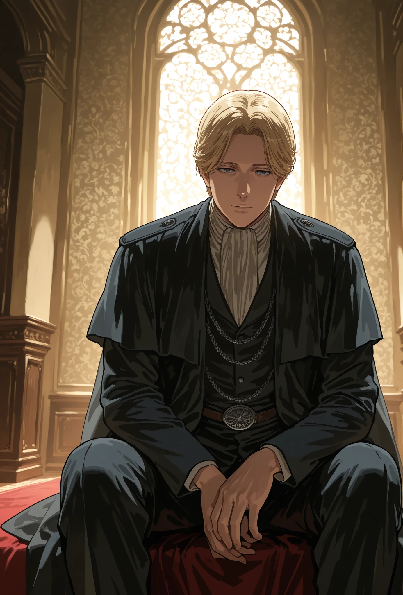 johan liebert, solo boy, wearing black sweather, indoors, palace interior, day, sitting ,intimidant look, killer look, vivid colors, light trough window, looking at viewer