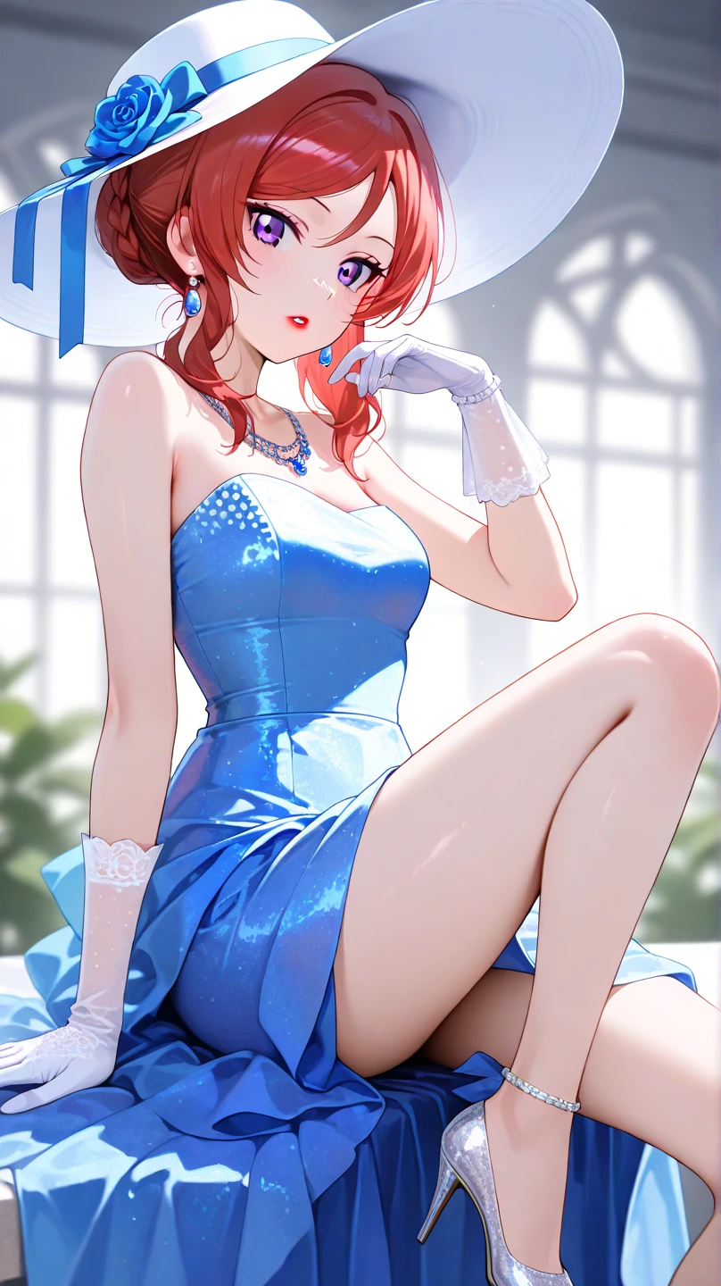 (masterpiece, best quality:1.2), solo, 1girl, jsrmew, smile, looking at viewer, hand on own arm, blue dress, fur trim, glossy translucent black pantyhose