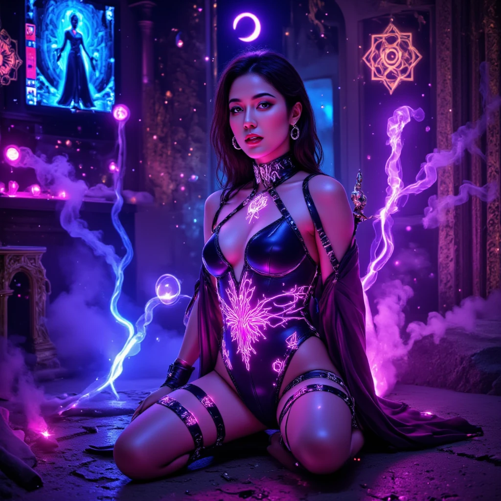 (masterpiece, top quality, best quality, official art, beautiful and aesthetic:1.2),(radial composition:1.2),(1 girl:1.2),upper body,a nun wearing a transparent hood rebe made of azure crystal,crystalline leggings,magic ball,(crystal church interior),arch,colorful glass,mirror floor reflection,(iridescent,vivid fancy neon color),symmetrical ballance,glowing rainbow color long hair,fantasy,ethereal,epic,(fractal),