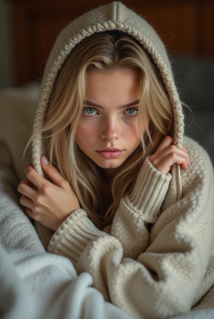 GIRL BLONDE CHILD with long hair wearing a scarf and a hat, sleepy fashion model face, sleepy, sleepy expression, Marisa Kirisame, wearing cute GREEN scarf, prettier, sleeping, sick with a cold, Lalisa Manobal, Misa Amane*, very tired woman, sleeping, Takeyuki Kanda, Lalisa Manoban of blackpink