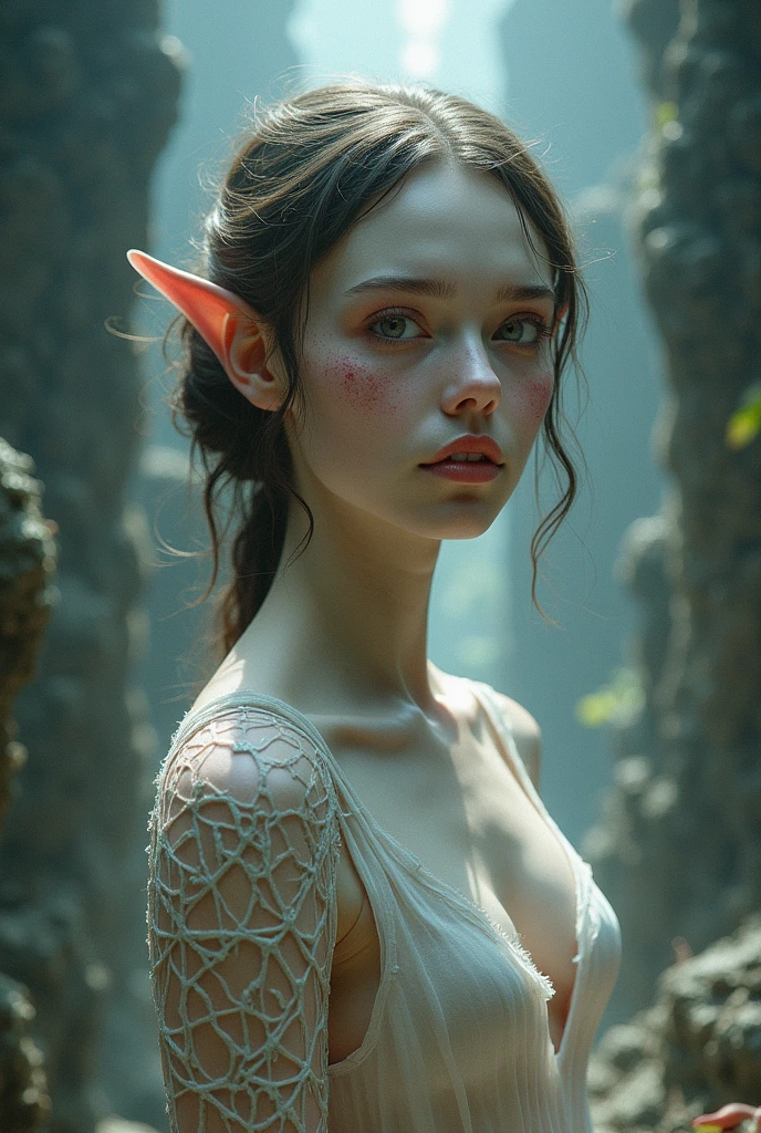 analog film photo, photo of a young elf girl, 18 years-old, elf, elf ears, long pointy ears, messy hair, sun-kissed complexion, goosebumps, pretty, natural beauty, tall, full hourglass figure, wearing a cotton bralette, posing in a misty forest, resembles a young Robin Wright, RAW Photograph, dslr, soft lighting, high quality, film grain, Fujifilm XT3, detailed skin with visible pores, insane details, masterpiece, 8k, 35mm photograph, dslr, kodachrome, faded film, desaturated, grainy, vintage, Lomography, stained, highly detailed, found footage, close-up shot, elven ears
