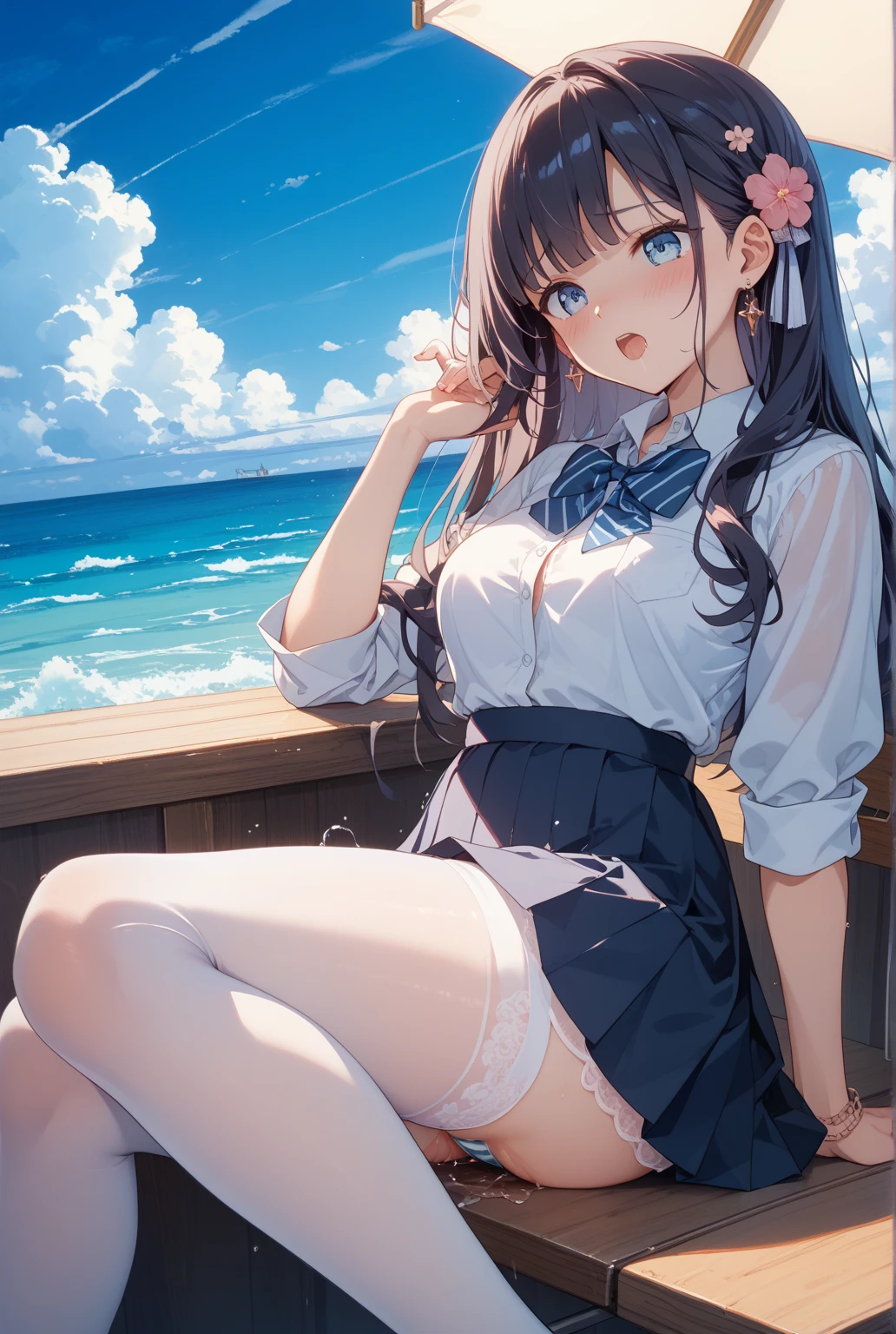 1girl, long black hair, blue eyes, sailor suit, Pleated miniskirt, city, absurdres, high res, ultrasharp, 8K, masterpiece, looking at viewer, steam, (lift skirt), white panty, floral lace undies, cameltoe, sexy, wind lift, see through nipples, beautiful face, sexually suggestive, sitting, spread legs, wet panty, navel, hairpin, collar on neck, full body, licking ice cream, beautiful toes, beautiful hand gesture, collar on thigh , belly button, navel tattoo