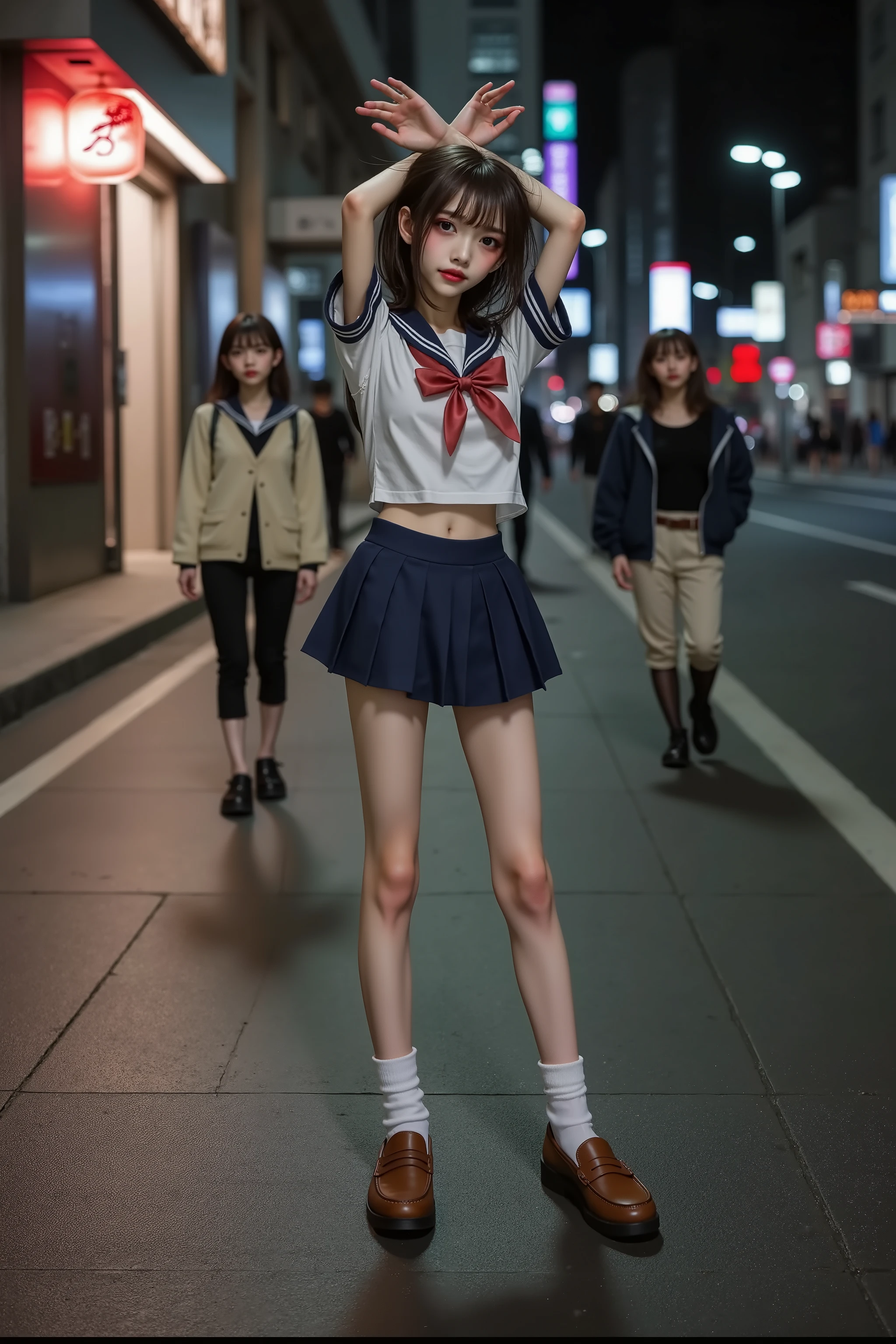 女の子,可愛い,Slender young woman,girl,gal,anorexic,Neo Urban Doll,(long legs:1.6), (from front), (she is looking at the Viewer), (A strong light shines on her, darkening everything else), (full body shot), (shot from a low position), (from below), (wide-angle lens), (lower angle) (from the floor), (short torso), (slim figure), (flat chest), (model style body), (length of inseam is half her height), (height 1.7 meters, 8 heads), Dimly lit interior, thin legs, thin thighs, (smile), a girl, small hips, Japanese girl, POV shot,
Japanese traditional school girl’s uniform, sailor suits, cardigan, light beige, open, cardigan, blouse, white, blouse, long sleeves, sailor collar, navy blue, collar, crop top, ribbon-tie, dark red , ribbon−tie, mini skirt, navy blue, pleated skirt, panty, lace, white, frill, panty, thigh high socks, white, socks, penny loafer, dark brown, loafer,
She is stretching slowly from a standing position. Her hands and arms are stretched above her head, with her fingertips reaching out as far as they can, stretching the muscles on her sides. Her arms are straight, not slightly bent, and her shoulders are relaxed.
Her feet and legs are shoulder-width apart, and her center of gravity is in a stable position. She may be stretching the muscles in her legs by stepping one foot slightly forward or lightly touching her toes to the ground, Her hips are naturally level, and her spine is straight, Her entire body is stretched in a balanced way, her posture is good, and her neck and torso are kept as straight as possible. She appears to be gently stretching her muscles while remaining relaxed overall.
smiling, blush, anatomically correct, Best quality, Ultra wide angle, Close up, Blur background, (a masterpiece:1.2), (the higaringhest quality:1.2), super detail, best quality, retina, UHD, accurate, anatomically correct, textured skin, super detail, high details, high quality, award winning, best quality, highres, 1080P, retina, UHD, HD, 4K, 8k, 16k,
She is stretching quietly in her uniform on a busy sidewalk in the city. Buil
