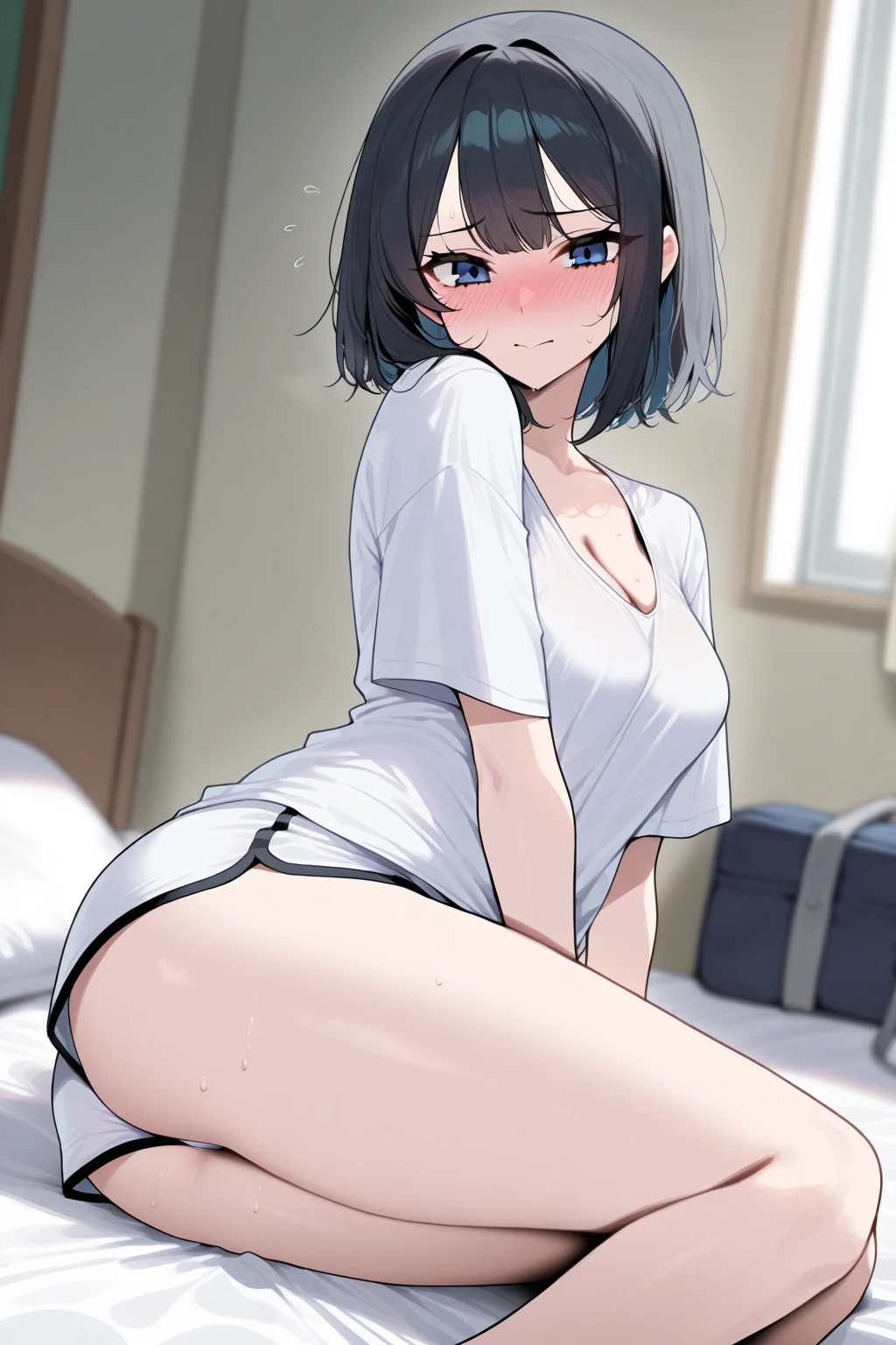 {{best quality}}, {{very aesthetic}}, {{ultra-detailed}}, {{best illustration}}, woman,silver hair,bob cut,green eye,pov,orgasm face,((steam)),1woman,1girl,light green lace panties,white nurse,from below,hospital