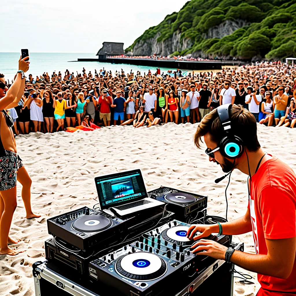 Man in white shirt and headphones playing music on a laptop, DJ em uma festa, DJING com toca-discos DJ, Conjunto de DJ, DJ, music being played, Festa na praia, Executando um videoclipe, tredning on art station, Turntablism DJ arranhando, tending on art station, tranding on art station, Festa DJ Rave