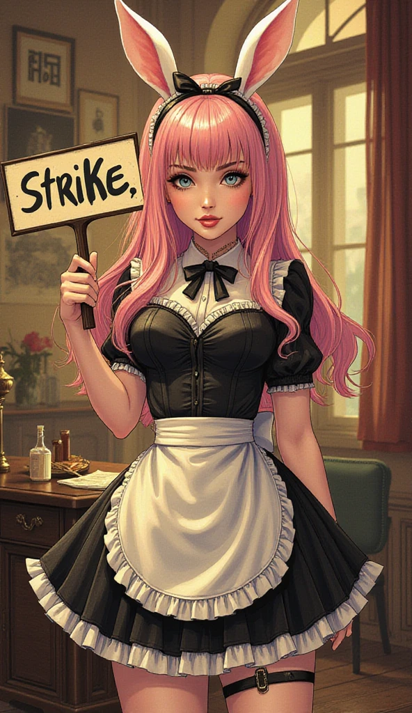 1girl, apron, bow, cube hair ornament, dress, frills, gloom (expression), hair ornament, heart, heart hands, long hair, looking away, maid, maid apron, maid headdress, mary janes, one side up, pink hair, shaded face, shoes, short dress, solo, sweatdrop, thighhighs, white thighhighs, zettai ryouiki, 