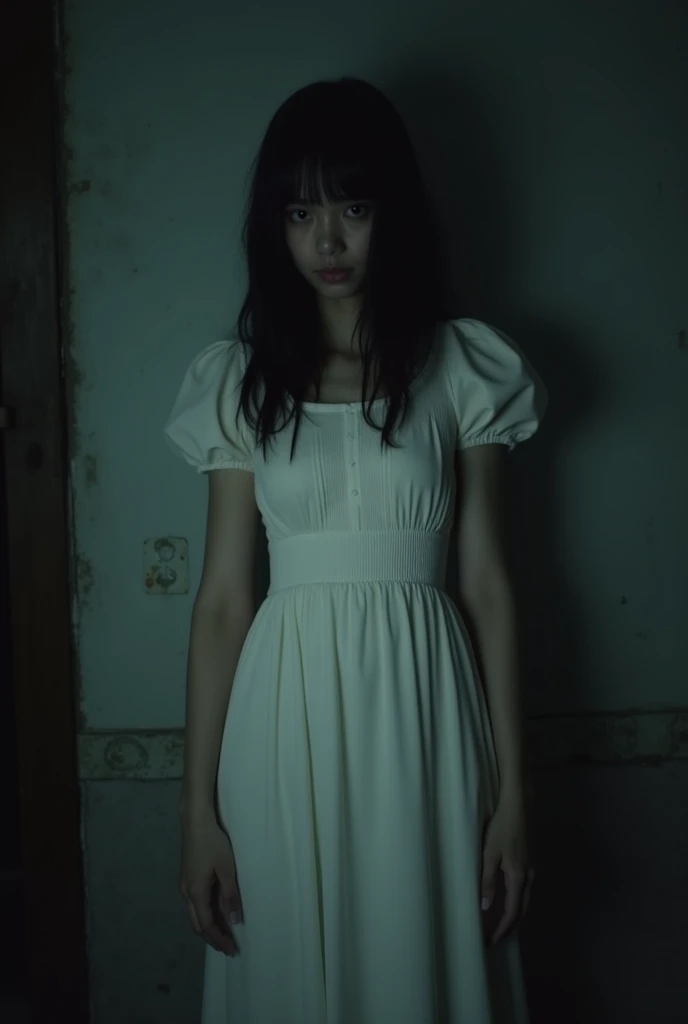 Sadako, japanese ghost, ghost story, horror vision, horror movie, dark ambient horror movie light effect, ghost eyes, spooky face, dirty ghost dress, angry ghost
