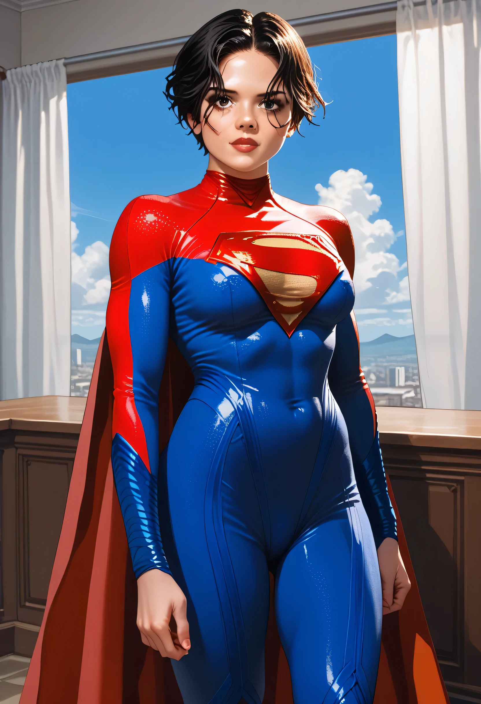 score_9, score_8_up, score_7_up, score_6_up, source_anime, BREAK, SupergirlTFXL, black eyes, black hair, short hair, curtain hair, medium breasts, superhero, red cape, bodysuit, red bodysuit, blue bodysuit, solo, looking at viewer, indoors covered nipples, flight human, blue sky, cloud sky