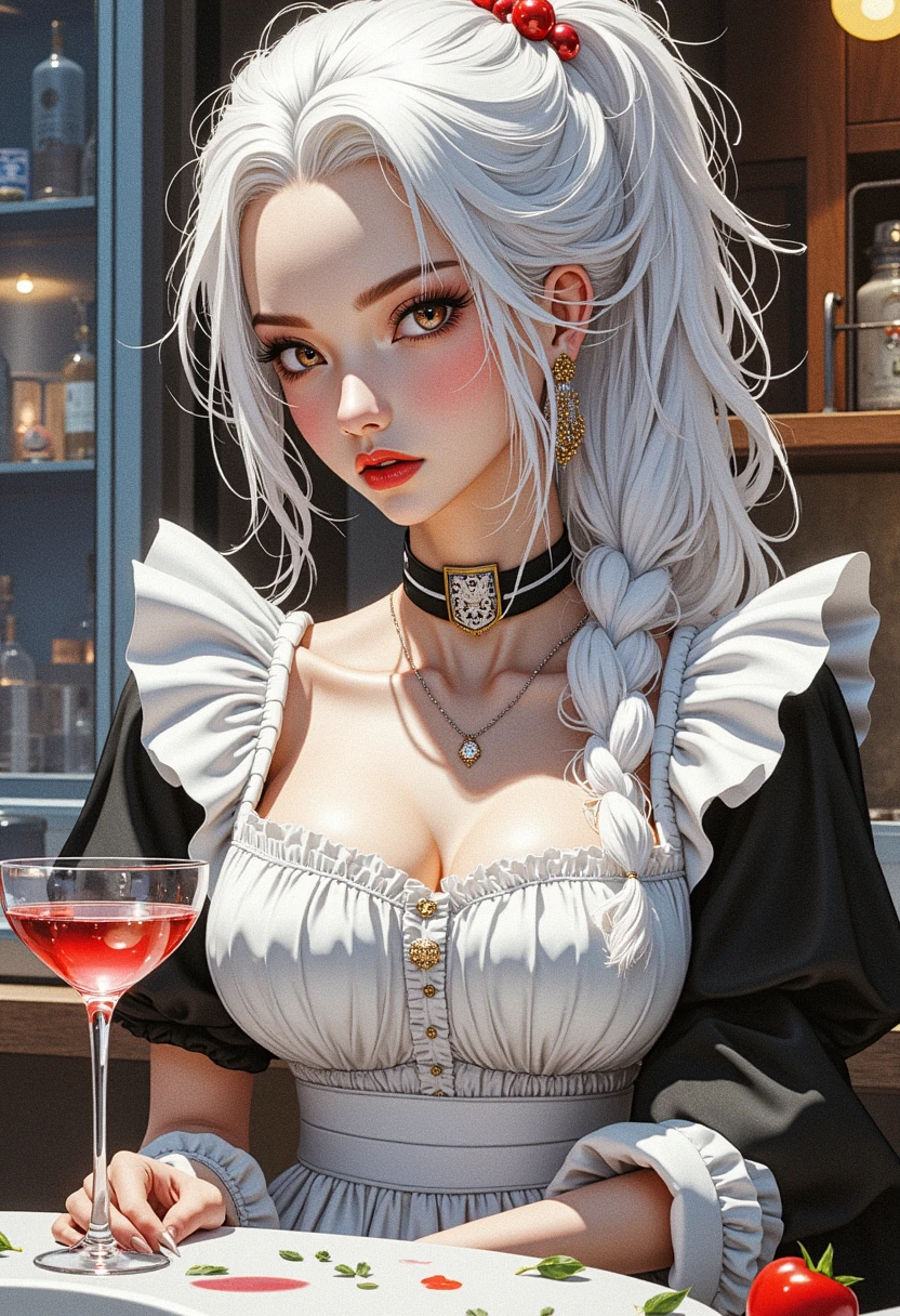 Gray Hair Woman, Gray Eyes, Royalty, Red Dress, Red Jewelry, Red Earrings, Lunar, Nobility, Noblewoman, High Quality, Highly Detailed, Detailed Face, Masterpiece, Castle, Drinking Tea, Garden, Flowers, Lights
