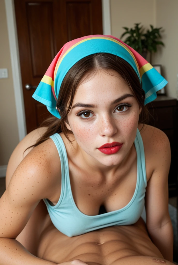 brown long wavy hair,wearing only overalls,blue eyeliner, hair bun, m1ag0th woman, ((m1ag0th woman)), bbc blowjob woman, cock in mouth, red bandana