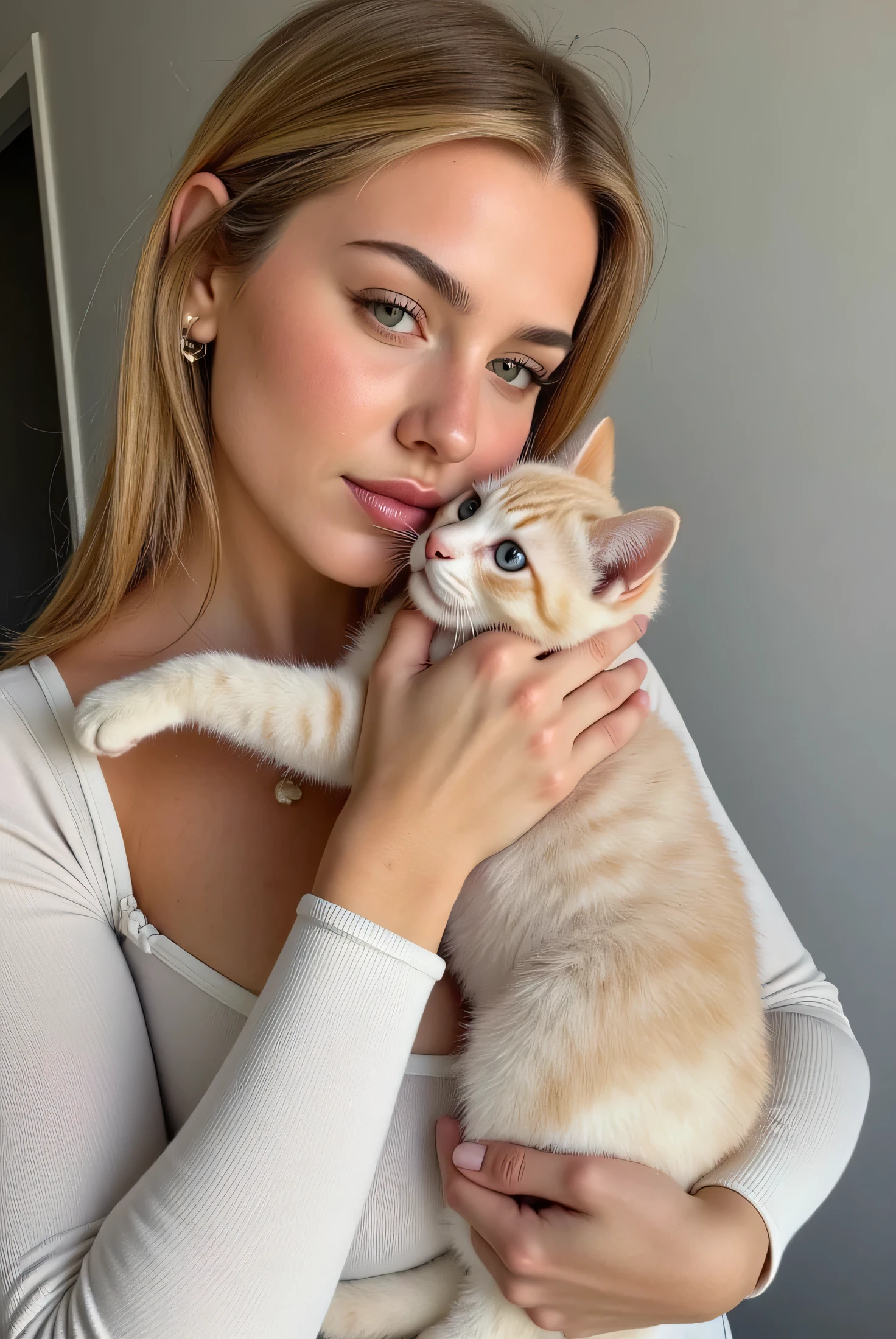 A close-up of a Scandinavian woman holding a cat, medium build, wearing a soft home outfit, large chest visible under a tight top, blue eyes looking lovingly at the pet, bright and clean lighting, (total blond), ((very realistic))(( realistic hands)) ((realistic face))