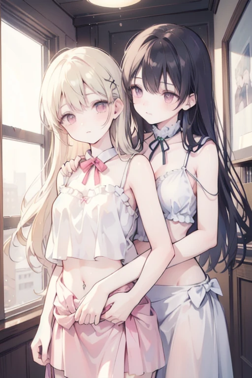Two women in lingerie sitting on floral covered sofa, wlop 和 sakimichan, wlop 和 rossdraws, Very detailed artgerm, Granblue Fantasy, Two beautiful anime girls, wlop and ArtGerm, guweiz on artstation pixiv, guweiz on pixiv artstation, ArtGerm and WLOP