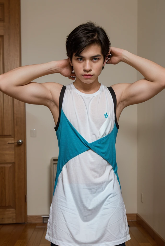 Japanese men、14 years old、Muscles and smooth skin、Very short black hair、A relaxed and friendly smile、Vivid colored thin boxer briefs、The whole body is well visible、Fist pump in the locker room、Laughing with mouth open、Sitting