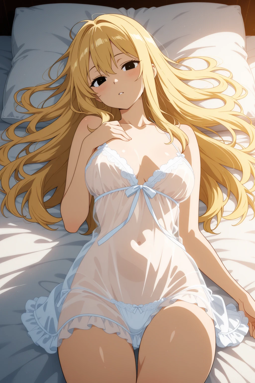 1girl, Arisa ichigaya, x hair ornament, blonde twintails, white camisole, cleavage, sexy body, lying on bed, thighs, crotch, (blushing:1.4), (breath:1.4), pov, (from above view)
