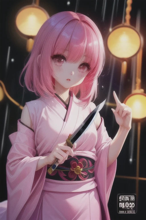 A Japanese girl wearing a kimono, with huge breasts in a cleavage, pink hair, greeneyes, inside a medieval Japanese house, therefore a katana