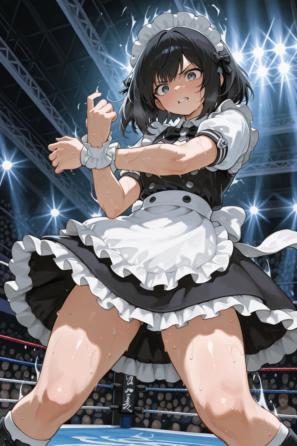 (masterpiece), (best quality), (beautiful eyes and face), (perfect female body), (shiny skin), 
looking at viewer, 
1girl, solo, sui-feng, black hair, short hair, short hair with long locks, grey eyes,
small breasts,
black kimono, sleeveless, white sash, black hakama skirt, (long skirt:1.2), 
smile, 
sitting, indian style, 
tatami, Japanese Clothing, full body, kneeling,(muscle 1.4),- Hip vents, Perfect body proportions，No underwear,short hair, Small Breasts, No eyeballs, Also available in black, low twin braids,Facing the audience, looking at the audience, tired, from below, (Exposed armpit:1.1), ((armpit:1.2)), Sweating, More and more sweat,(ahegao), (Roll your eyes), open mouth, Sticking out tongue, saliva, Slobber,Skinny, raise arms, (arms above head:1.5), runny nose, drooling. 