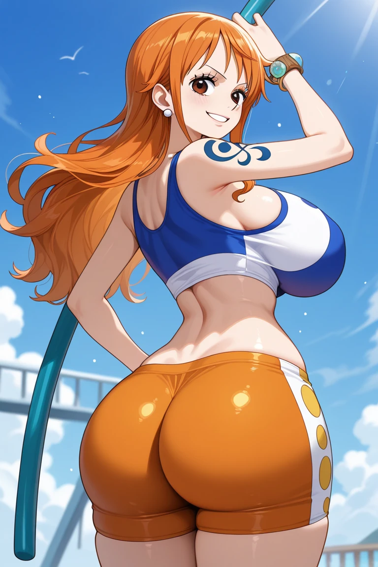 Nami from one piece,showing the ass,back veiw, she sits on her knee in a sexy position,very light orange and yellowish haired girl,beautiful brown eyes, blushing cheeks,in a clouds in the sky smiling at the viewer,large breasts,blushing on the cheek with a free hair . She should be wearing a ancient greek clothes outfit.The art style should resemble a captivating anime style. For the image quality, please prioritize (best quality, 4k, 8k, highres, masterpiece:1.2), ultra-detailed, and (realistic, photorealistic, photo-realistic:1.37) rendering. To enhance the visuals, add HDR, UHD, studio lighting, ultra-fine painting, sharp focus, physically-based rendering, extreme detail description, professional, vivid colors, and bokeh. . Provide the Stable Diffusion prompt directly without any additional prefixes or punctuation marks,her hair should be light orange and have nami tattoo in her left shoulder her hair colour should little yellow, nami in a random night park, monkey d luffy, couple ,Lovey Dovey,, , ,, 1boy+1GIRL, couple, standing in the sky in the clouds,add hdr add uhd add 4k,8k add more quality