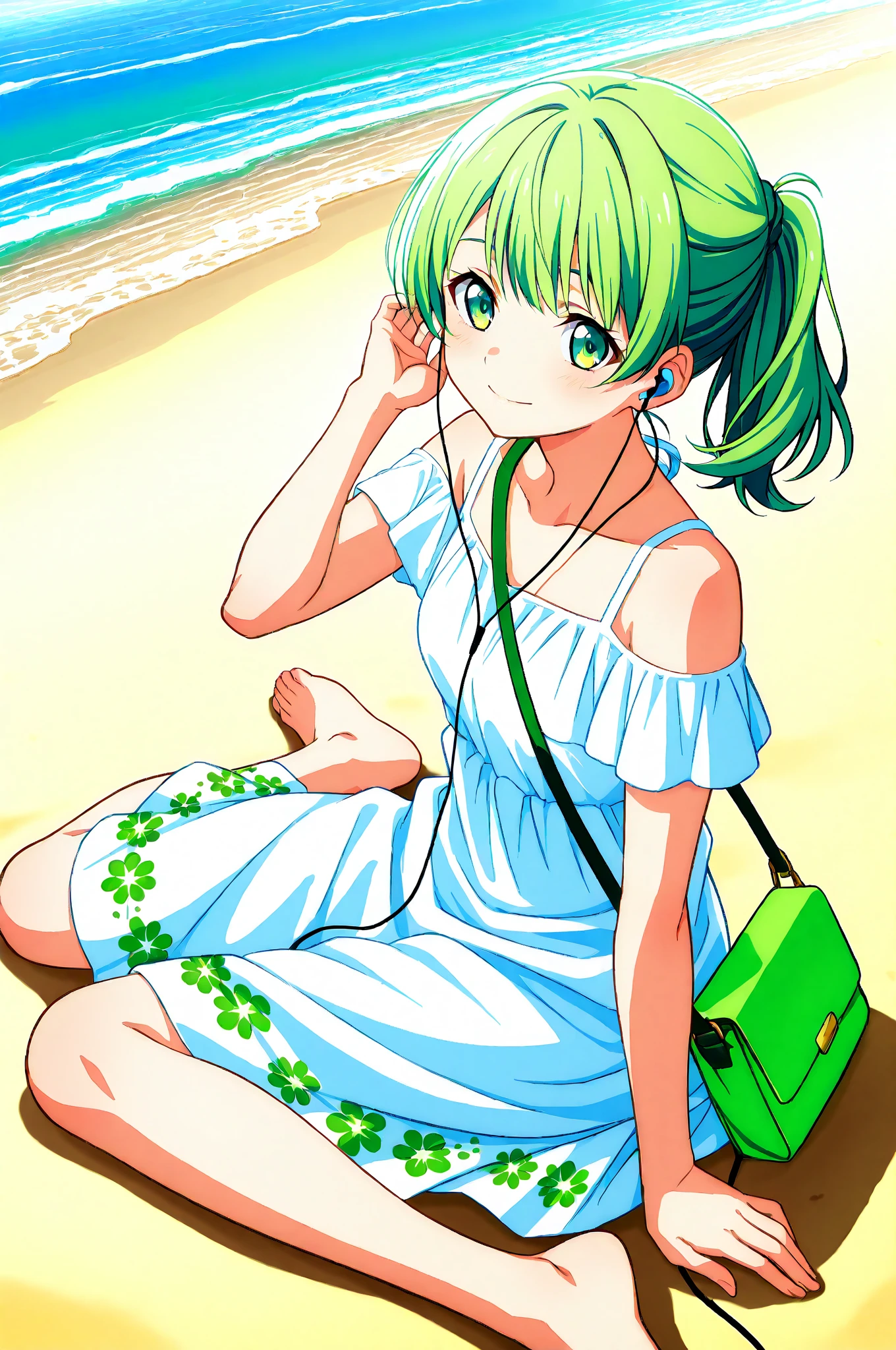 Green hair,short-hair,anime woman,Lori,small tits,Round fuselage shape,12 year old girl pink dress,Cork pattern walls,Wooden floors,Linen bench,