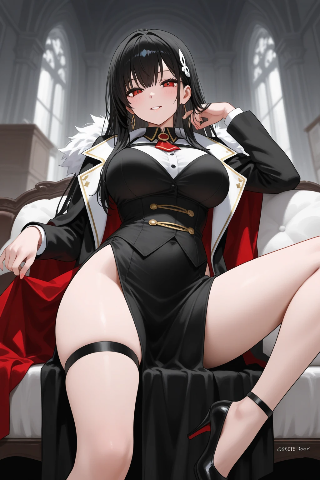 ((Full body):2) (({Only 1/27-year-old Gothic woman}):1.3):{((official black leather uniform of the German army, wearing a black leather army hat)):1.3), ((large bust):1.6), tall woman, ((black bob hair, red eyes):1.3), ((sadistic smile):1.3), ((sitting with her back to the wall and bent knees)}; 16k, ((best quality): 1.4), masterpiece, UHD, strong makeup, horizontal seat, looking at camera, constricted pupils, (nipple lozenges: 1), ((SFW))