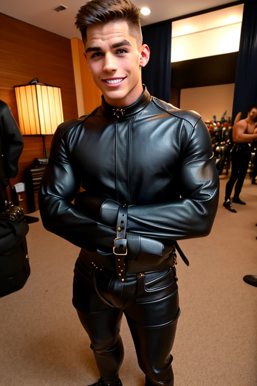 Handsome zac efron. 25 years old. Smiling face. (fit body: 1.5), (big muscle: 1.4). ((lean muscle:1.5)) ((Dressed in black leather pants, topless)) Standing in A Palace of Ancient Rome
