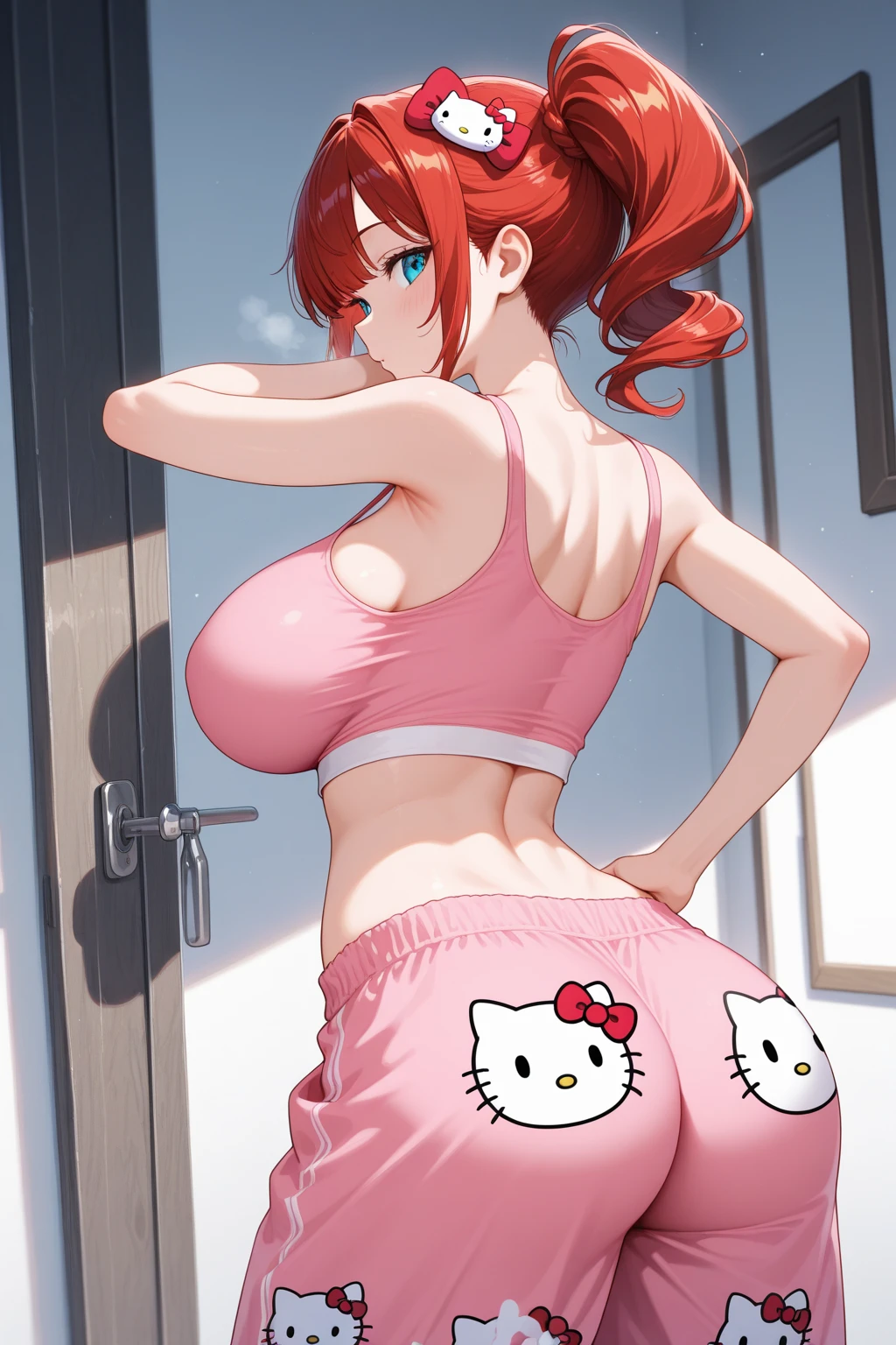 A sexy girl beautiful action big breast dark red hair cut her pink eye eyelash fire red dresses black short sleeve top shows navel sexy curve and a denim pants coffee shoe sex uterus sex bed