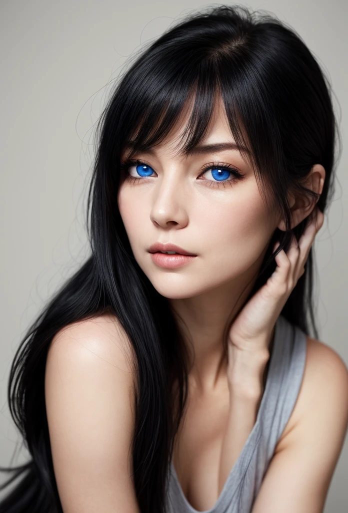 1girl, bellissima, black hair, blunt bangs, blue eyes, black eyeliner, sexy smile