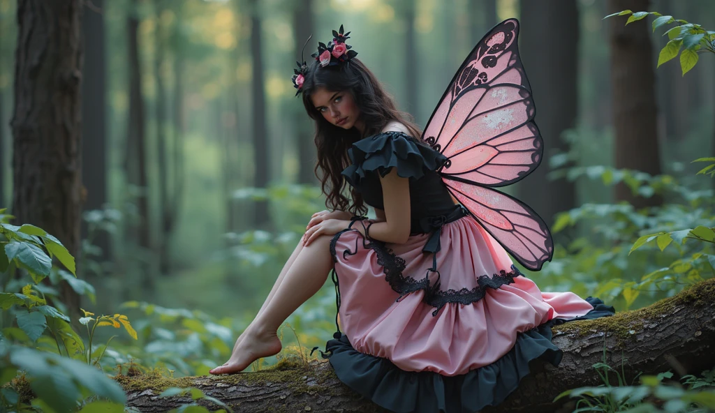 wearing pink goth dress, a gorgeous professional female Instagram influencer with long reddish-blonde hair and captivating eyesportrayed as an enchanting fairy. She is playfully sitting on top of a largevibrant mushroom in a mystical forest setting. Her wings are delicate and translucentcatching the dappled sunlight filtering through the trees. The scene is rich with lush green foliagesoft mossand colorful wildflowerscreating a magicalserene atmosphere.