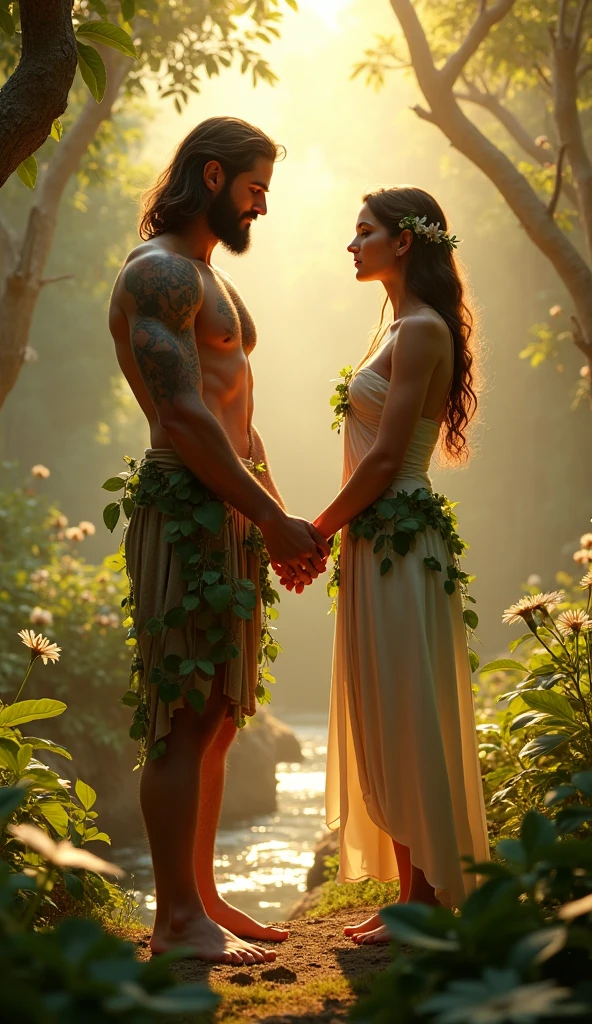 a nymph with tanned skin, green eyes and curly brown hair naked with a lush body next to her is a muscular and handsome man with dark blue eyes and jet black hair who is also naked, getting married in a wedding ceremony