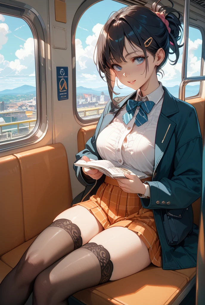 (masterpiece:1.2, Highest quality), (Realistic, photoRealistic:1.4), Beautiful illustrations, (Natural Side Lighting, Cinema Lighting),
View your viewers, whole body, 1 girl, Japanese, high school girl, Perfect Face, Cute and symmetrical face, Sunburn, Glowing Skin, thin,
(short hair:1.2, Pixie Cut:1.2, Brown Hair), Parted bangs, Brown eyes, Long eyelashes, (Large Breasts:0.6),
Beautiful Hair, Beautiful Face, Beautiful attention to detail, Beautiful clavicle, Beautiful body, Beautiful breasts, Beautiful thighs, Beautiful feet, Beautiful fingers,
((Collared short-sleeved shirt, White shirt, school uniform, Grey pleated skirt, Red tie), Golden heart necklace, Wrist Chakra), Light blue panties,
(Beautiful views), in the train, Sitting, Peace finger, (Cute smile, Upward glance),