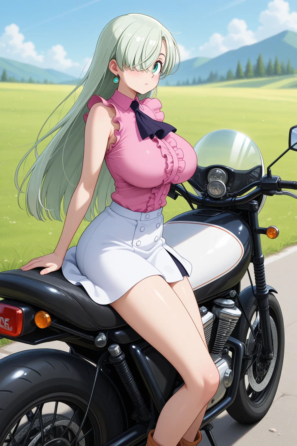 tsukishiroyoko, Green hair, long hair, Blue eyes.,, large breasts, solo ,16years old, , nsfw. Ride an off-road bike, Highway naked