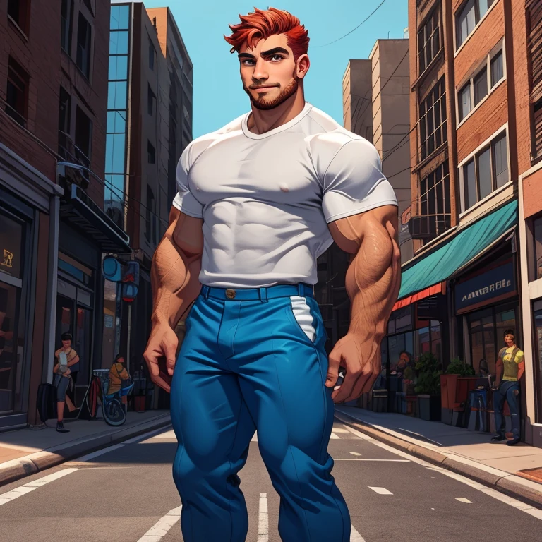 （tmasterpiece，best qualtiy：1.2），独奏，malefocus，1boy，Iskandar，Mature male，big muscular male，Large muscles，looking at viewert，both hands on hip，sit on a bed，Red panties，Thick thighs，skin detailed，