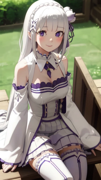 masterpiece, 1girl, Emilia, blunt bangs, long hair, crown braid,
white dress, detached collar, wide sleeves, x hair ornament, hair flower, hair ribbon, white thigh boots, cleavage, purple frills, pleated_white_skirt
sitting on bench, garden, arms at sides,
looking at viewer, (smile:1.2), blush, from above, tape gag, tape bondage