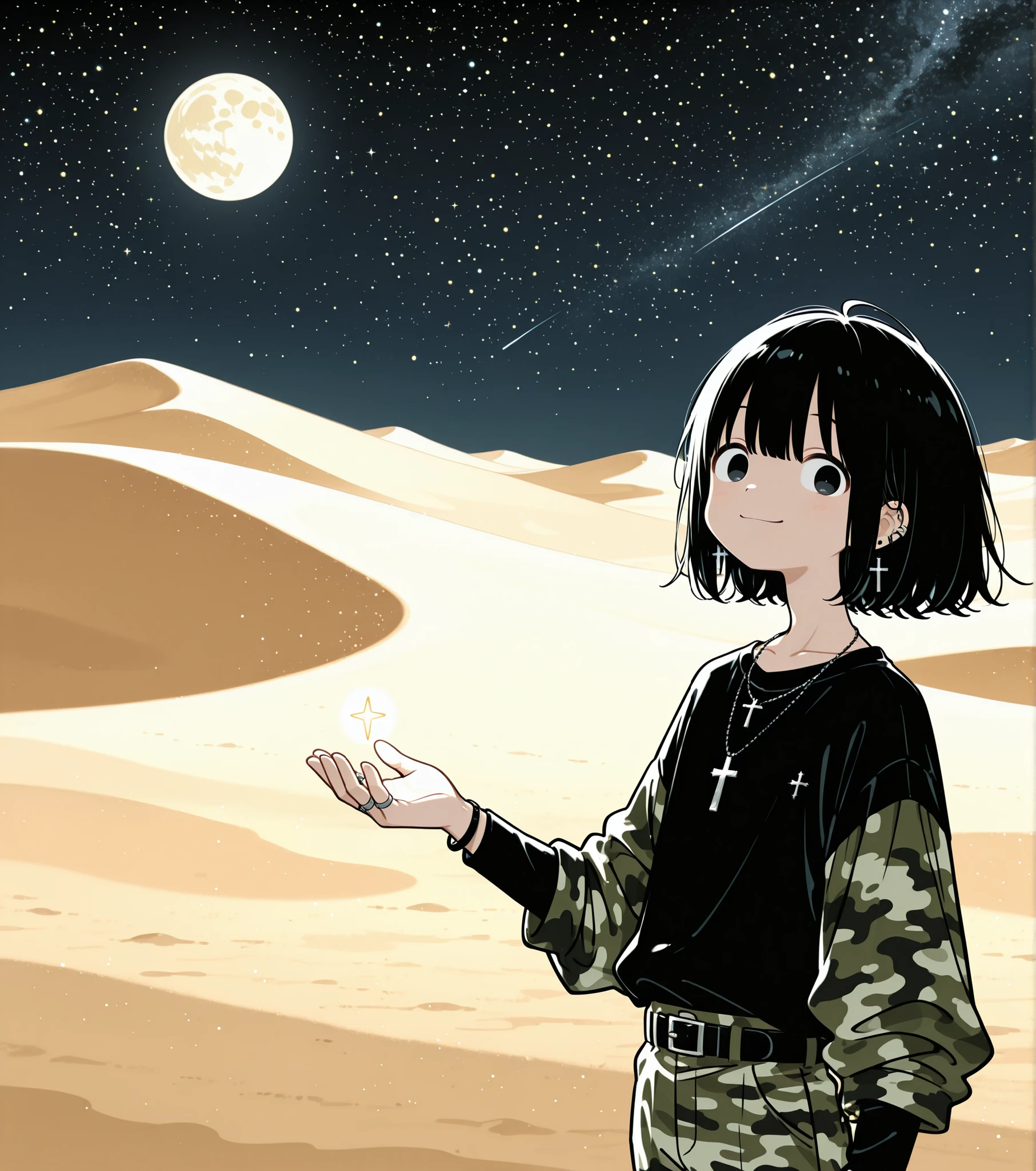 jewelry, 1boy, male_focus, necklace, solo, smile, ring, black_eyes, black_hair, pants, cross_necklace, shirt, cross, black_shirt, white_background, looking_at_viewer, short_hair, long_sleeves, belt, camouflage, moon, star_(sky), sky, desert, scenery, night, sand, starry_sky, night_sky, outdoors, full_moon