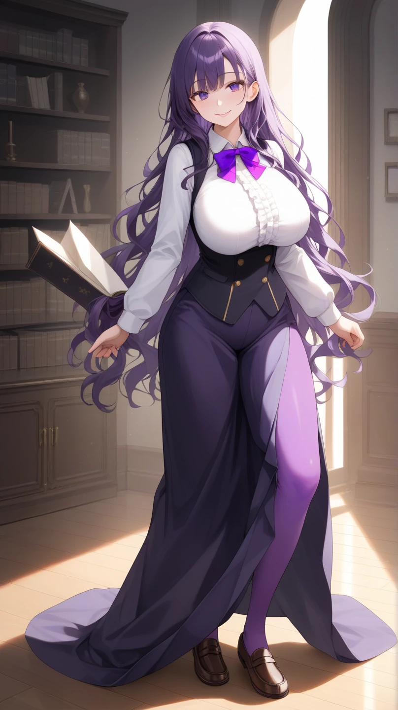 1goat woman,golden horns, goat ears, goat tail, purple hair, one very long braid, perfect eyes, blue eyes, serious face, glasses, purple necklace,  librarian clothing, white blouse, purple tie, purple pants, purple shoes, purple spear with white details on the hand, big breasts, big ass, library background