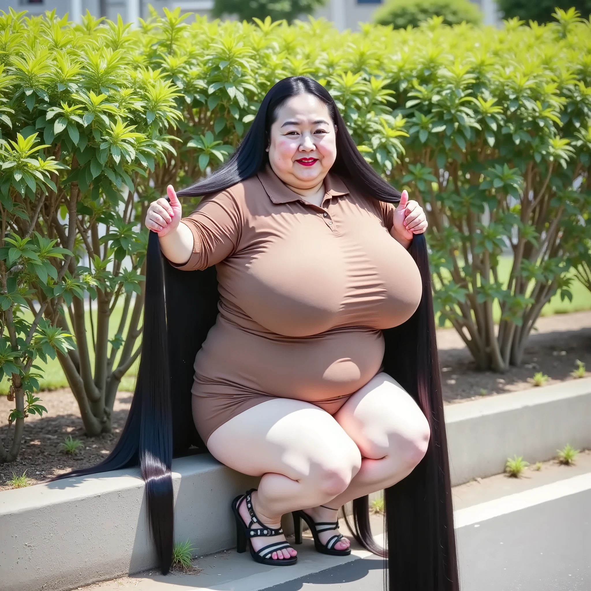 there is a woman standing in front of a yellow bench, sitting in a plastic throne, sitting on an royal throne, sitting on a throne, sitting in a gilded throne, sitting on intricate throne, sitting on an ornate throne, sitting on a golden throne, sitting on the throne, sitting on throne, sitting on golden throne, sitting on the porcelain throne, Big tits, huge tits, no clothes, sexy, cute, wide hips, thick thighs, pear-shaped body, minimal clothes, thick, bbw, chubby stomach, wearing a yellow shirt, wearing black shorts