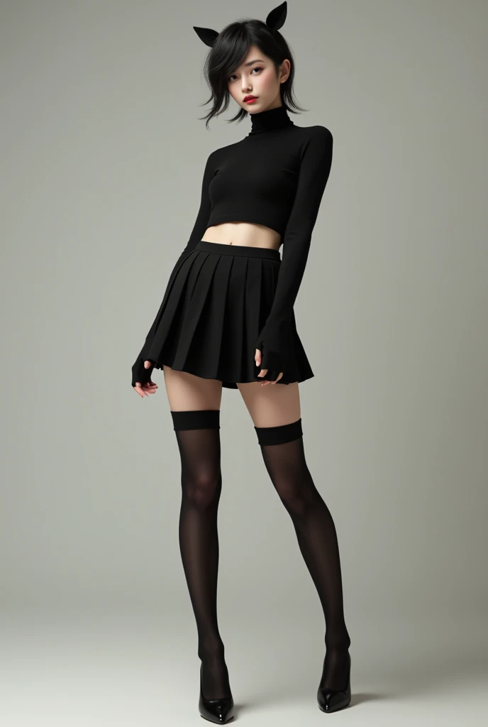 A sketch of a girl with half her face in Venom makeup, with a ponytail in her hair, wearing a body type of neck, and with a black skirt with two white stripes , The stockings are below the knee in black and have two white stripes, and black military-style boots with black decorative confetti on the sides