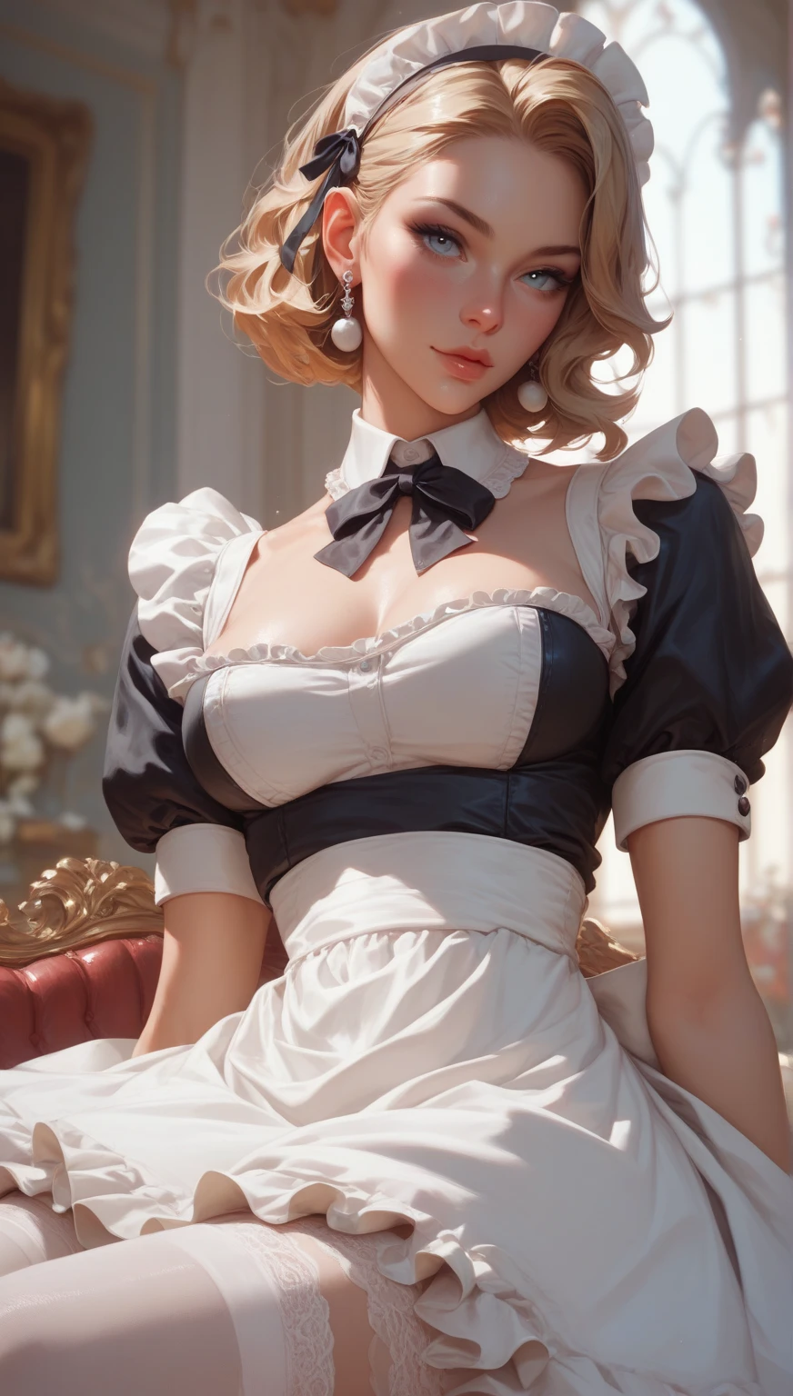 cute blond german maid full body photography, photorealistic modern, in the style of , Artstation Deviant art Pinterest Cgsociety Behance Pixiv, sunlight, ((victorian maid outfit)), very huge , cleavage, thick tighs, kitchen background, young face, smooth and pale skin, slender slim body, medium breasts, (marylin monroe haircut), blue eyes, intricate scenery HDR post-processing 16k cinematic fine details very detailed trending on artstation, sultry look, seductive