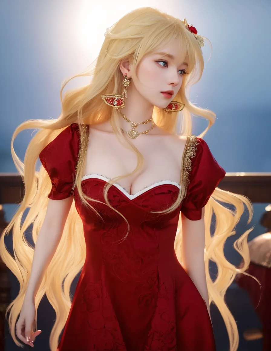 Blonde woman long hair blue eyes, red evening dress digital paint