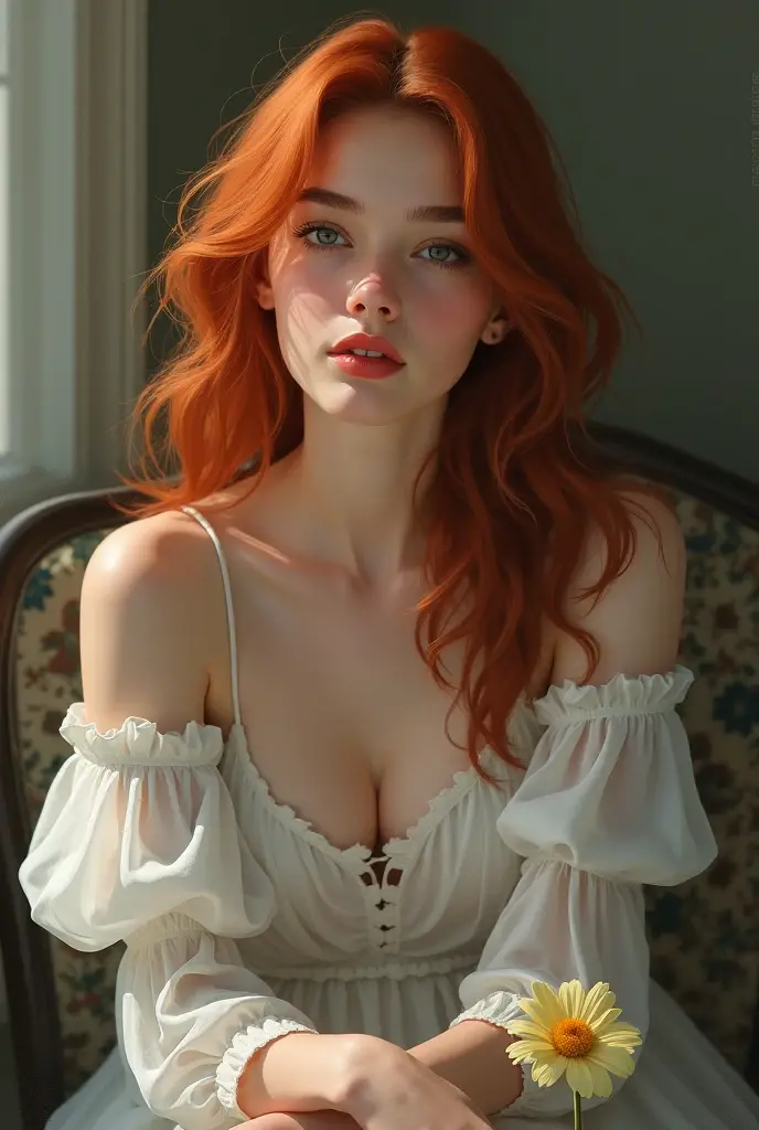 a beautiful red-haired girl, with very curly hair, freckles, breasts big, Waist slender, wide hip, wearing a dress with a very large neckline in the middle of the breasts