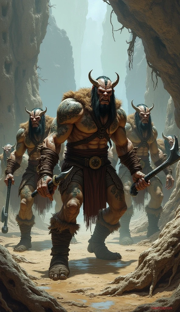 orcs led by the orc king,a strong orc full of scars, horns and sharp teeth with his gang in front of a cave with stones in several skulls near the cave