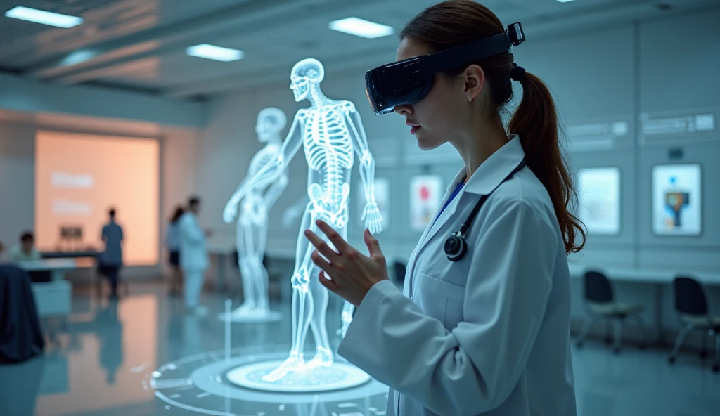 Realistic image of a tablet from which a hologram of human anatomy emerges. The nurse must wear a modern cap and a bun as her hairstyle.. To this same image, add virtual reality glasses to the nurse.

