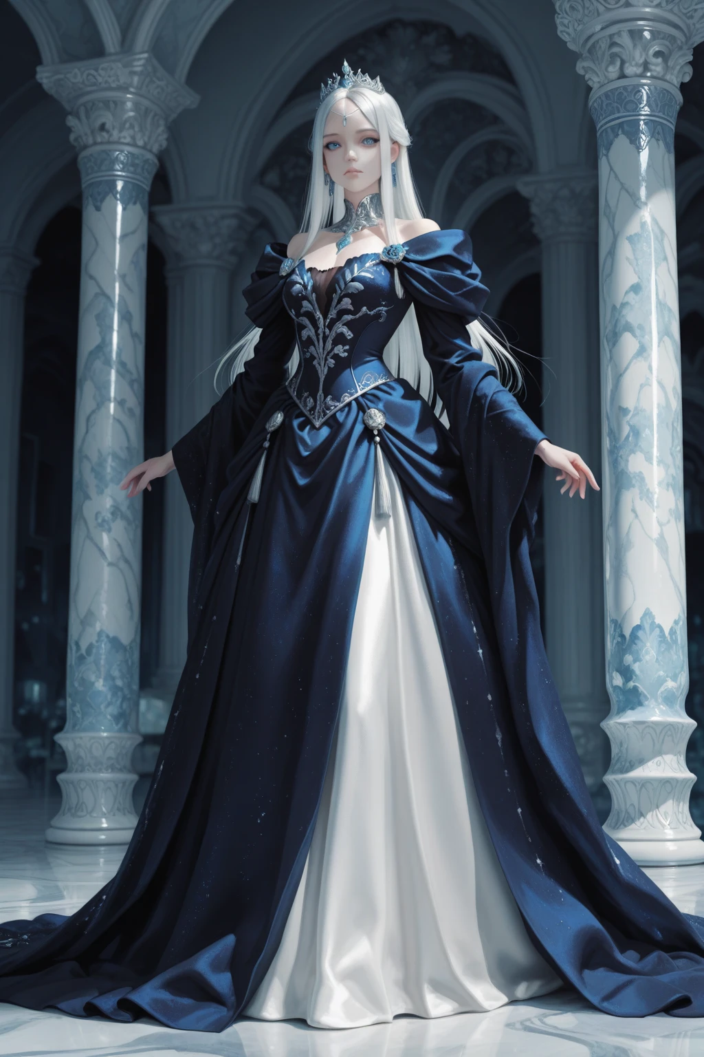 ((masterpiece:1.5,Highest quality,Highly detailed images,Beautiful images、Realistic、Photorealistic、2.5D))(1girl, 独奏)(, white hair, black eyes, Healthy legs、Tight 、Beautiful )(Fantasy dresses、Fantasy Clothes、Black battle dress、Deep slit)(wind, floating hair)(Inside the castle、The King's Chamber）
