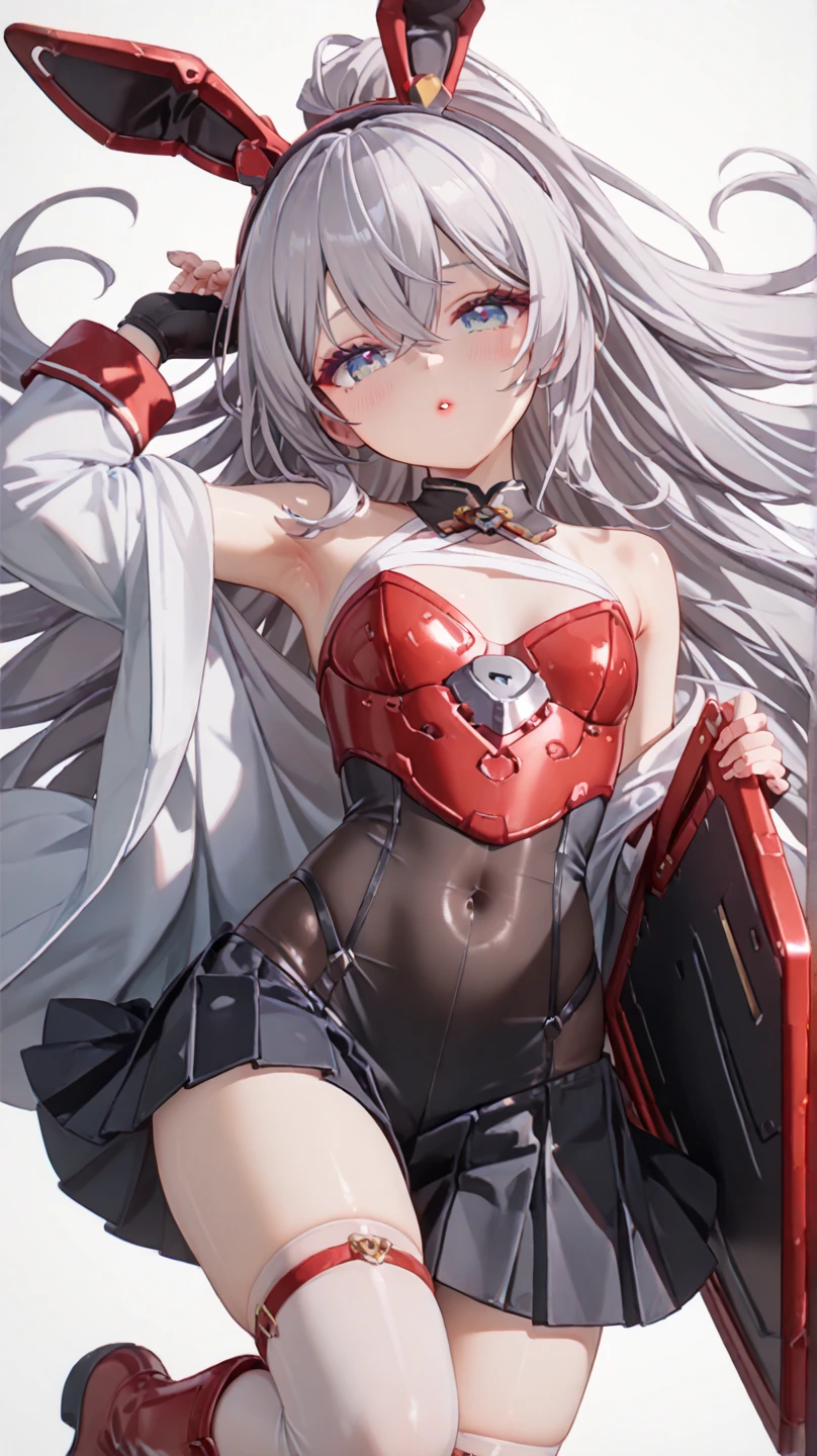animated, animification, full body, Girls' Front, neat figure, Beautiful detailed girl, teenage girl, long hair blown up, asymmetrical bangs, twintails, grey hair, extremely beautiful detailed anime face and eyes, beautiful detailed cold face, complex details beautiful and delicate eyes, beautiful and detailed claw, medium chest circumference, Bare navel, two legs, deep red eyes, blue skin, red bow, neck ribbon, revealing dress, cross-laced footwear, black footwear, overexplosure, crop top, black Clothes, white background, white background, extremely detailed, wallpaper 8k CG, wallpaper,corruption,de-evilize